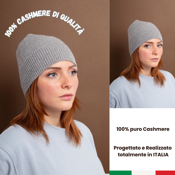 Cappellino 100% cashmere puro - Grigio - Beanie rasato con costa - Berretto morbido di qualità premium - Made in italy