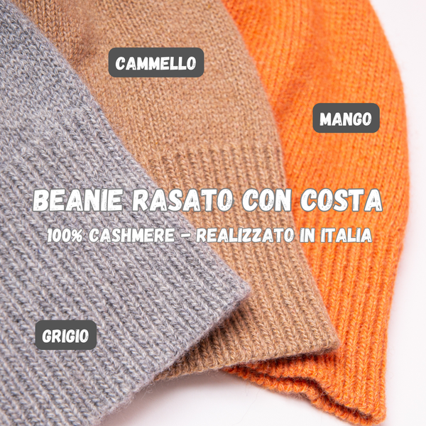 Cappellino 100% cashmere puro - Grigio - Beanie rasato con costa - Berretto morbido di qualità premium - Made in italy