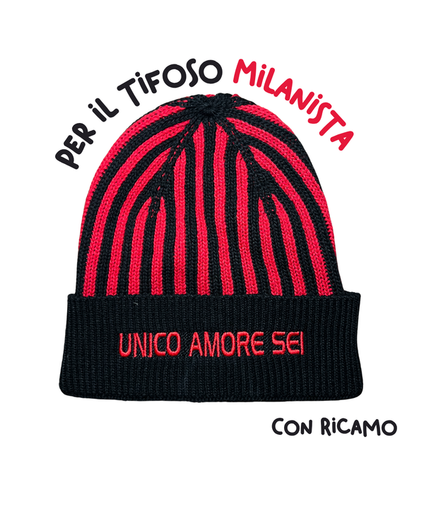 Cappellino con cashmere del Tifoso Milanista con ricamo: "Unico amore sei" - Rossonero - Berretto morbido di qualità premium - Made in italy