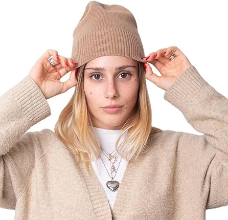 Cappellino 100% cashmere puro - Cammello - Beanie rasato con costa - Berretto morbido di qualità premium - Made in italy