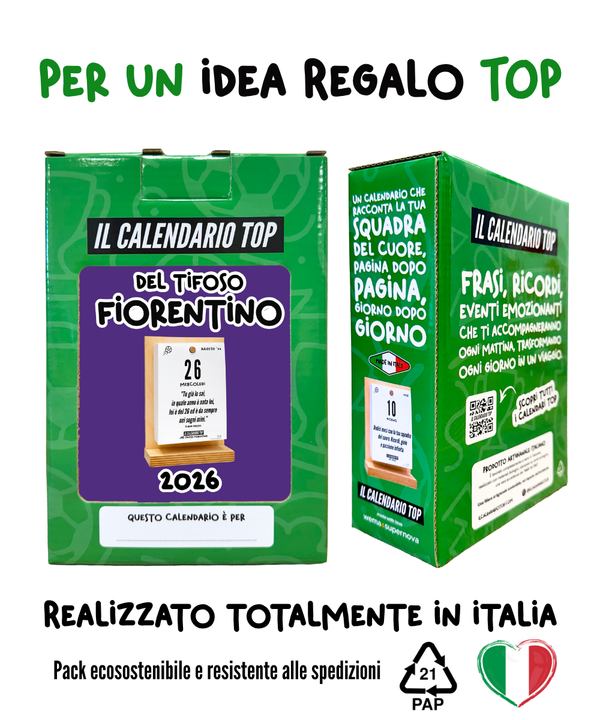 Il Calendario Top del Tifoso Fiorentino 2026 - Ideale per i veri tifosi viola- Sostegno in Legno + inserto A6: 10x14cm