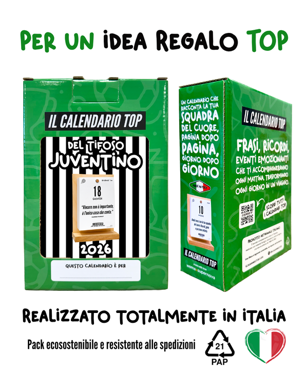 Il Calendario Top del Tifoso Juventino 2026 - Ideale per i veri tifosi bianconeri - Sostegno in Legno + inserto A6: 10x14cm