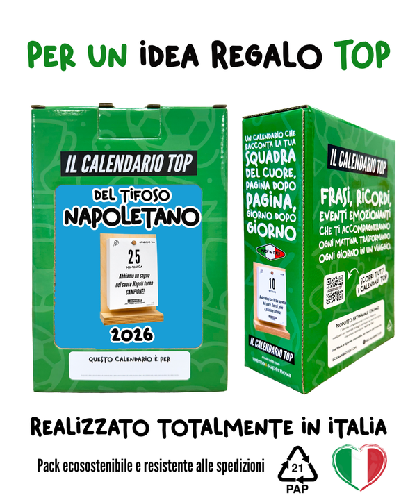 Il Calendario Top del Tifoso Napoletano 2026 - Ideale per i veri tifosi partenopei - Sostegno in Legno + inserto A6: 10x14cm