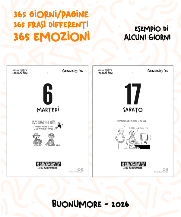 Il Calendario Top del Buonumore - 365 Vignette, battute ideale per regalare buonumore e sorrisi | Vignettista: Marco Fusi - Sostegno in Legno + Inserto A6: 10x14cm