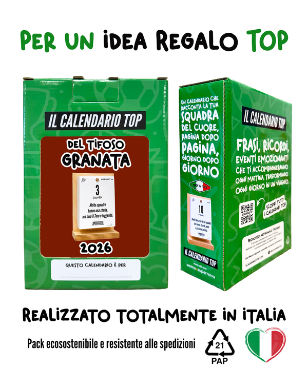 Il Calendario Top del Tifoso Granata 2026 - Ideale per i veri tifosi torinesi- Sostegno in Legno + inserto A6: 10x14cm