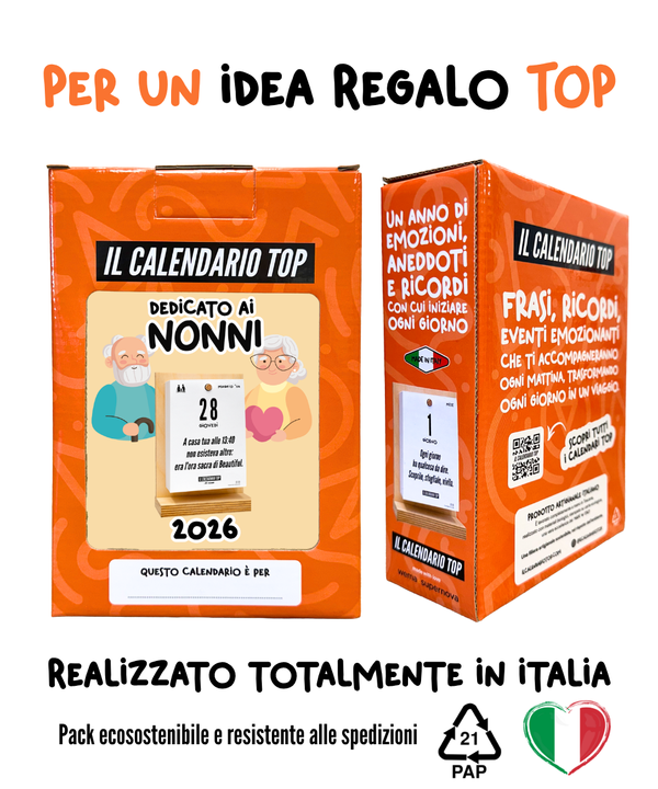 Il Calendario Top dedicato ai Nonni - 2026 - frasi che celebrano l’amore e la saggezza dei nonni - Sostegno in Legno + Inserto A6: 10x14cm