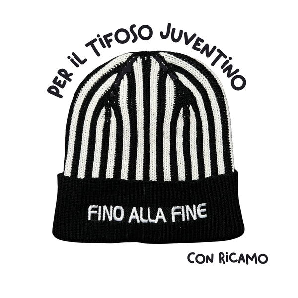 Cappellino con cashmere del Tifoso Juventino con ricamo: "Fino alla Fine" - Bianconero - Berretto morbido di qualità premium - Made in italy