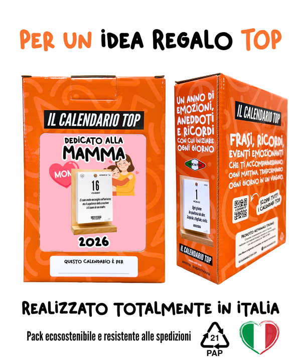 Il Calendario Top dedicato alla Mamma - ogni giorno frasi simpatiche e aforismi da regalare alla tua Mamma - Sostegno in Legno + Inserto A6: 10x14cm